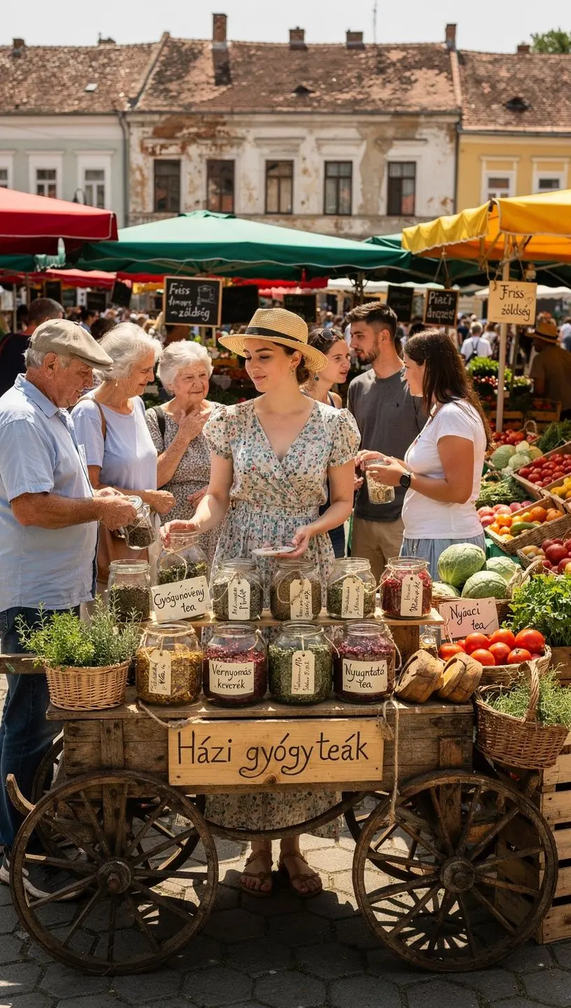 Egy szép teáskanna, amelyből frissítő gyógyteát öntenek a csészékbe.